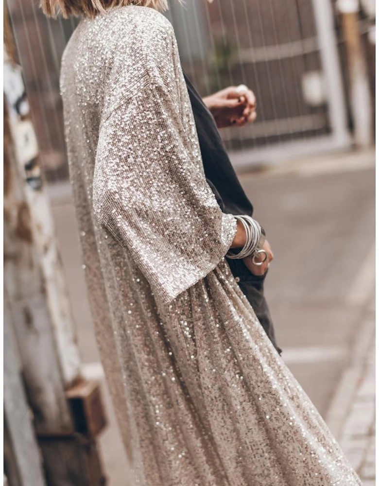 Apricot Sequin 3/4 Sleeve Open Front Duster Kimono