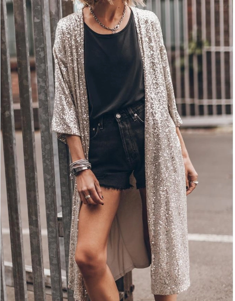 Apricot Sequin 3/4 Sleeve Open Front Duster Kimono