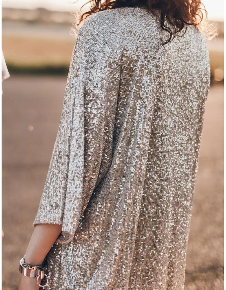 Apricot Sequin 3/4 Sleeve Open Front Duster Kimono