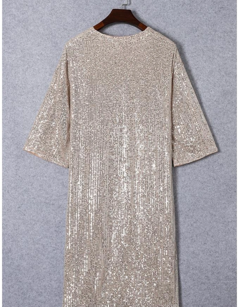 Apricot Sequin 3/4 Sleeve Open Front Duster Kimono