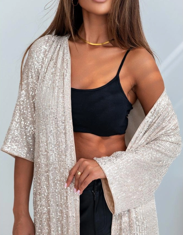 Apricot Sequin 3/4 Sleeve Open Front Duster Kimono