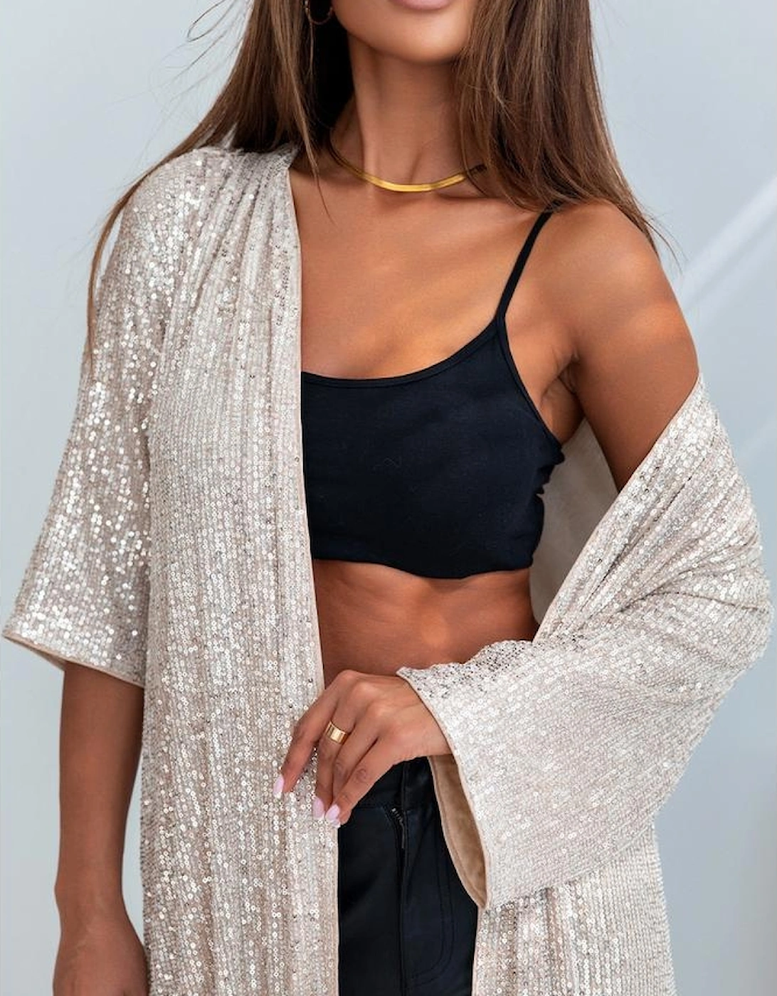 Apricot Sequin 3/4 Sleeve Open Front Duster Kimono