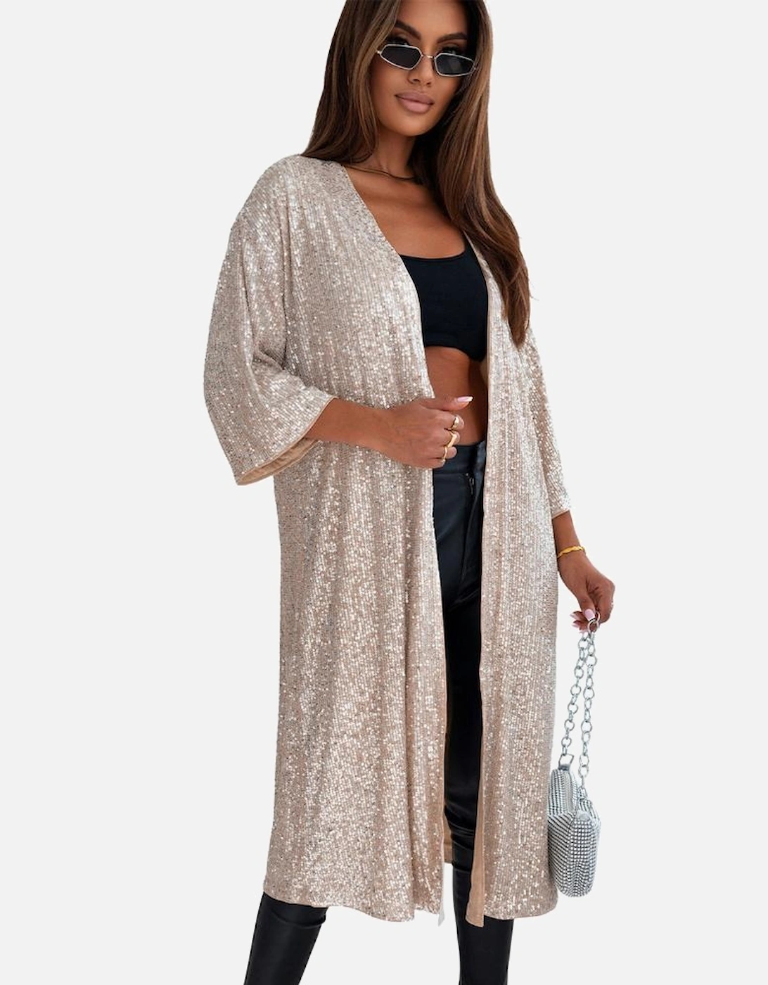 Apricot Sequin 3/4 Sleeve Open Front Duster Kimono
