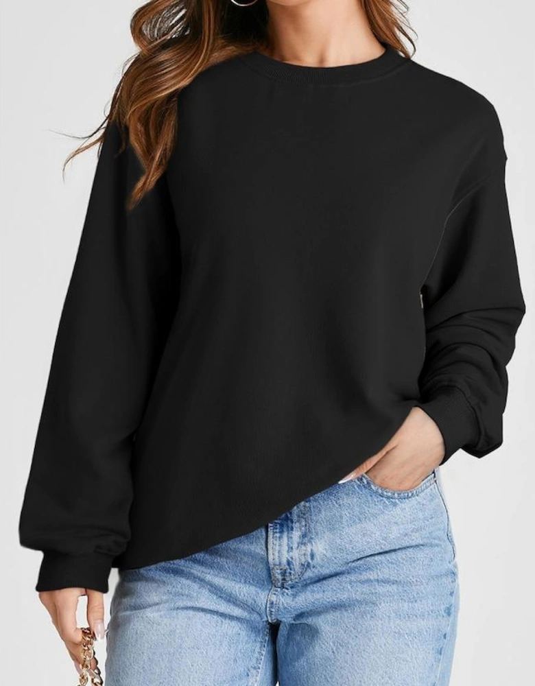 Black Plain Drop Shoulder Crewneck Pullover Sweatshirt