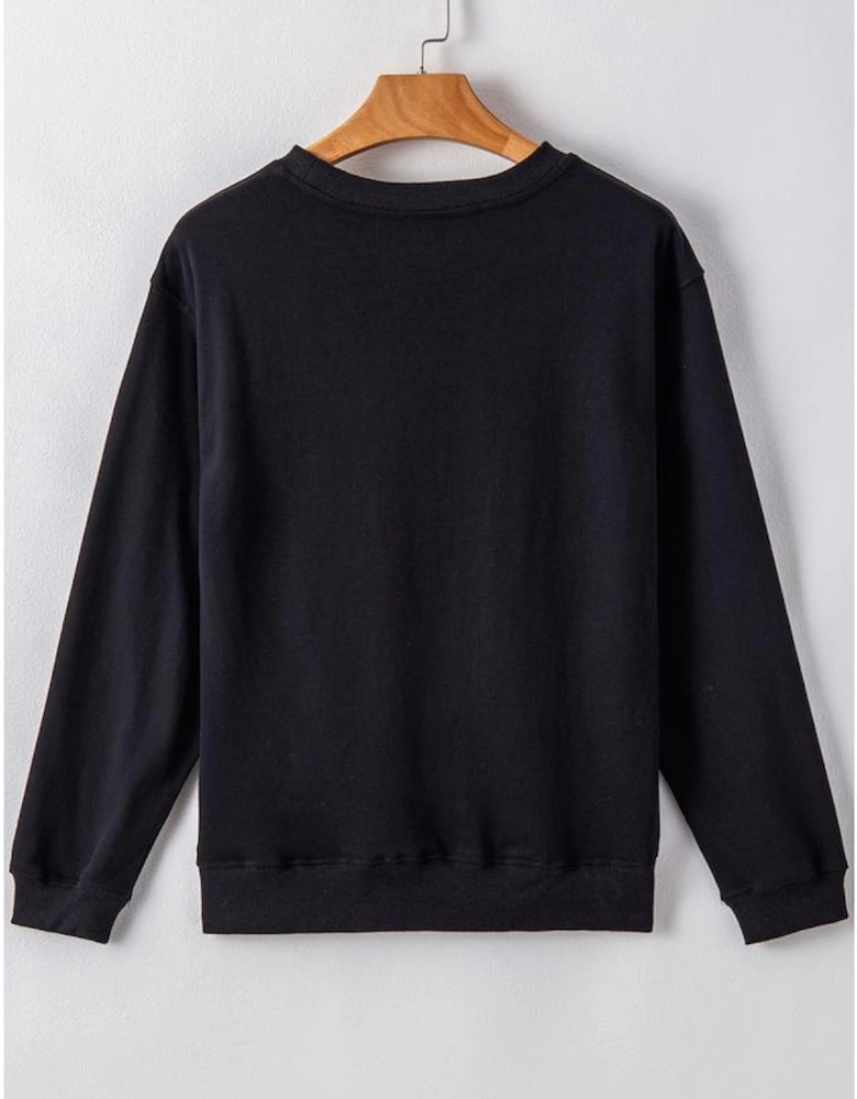 Black Plain Drop Shoulder Crewneck Pullover Sweatshirt