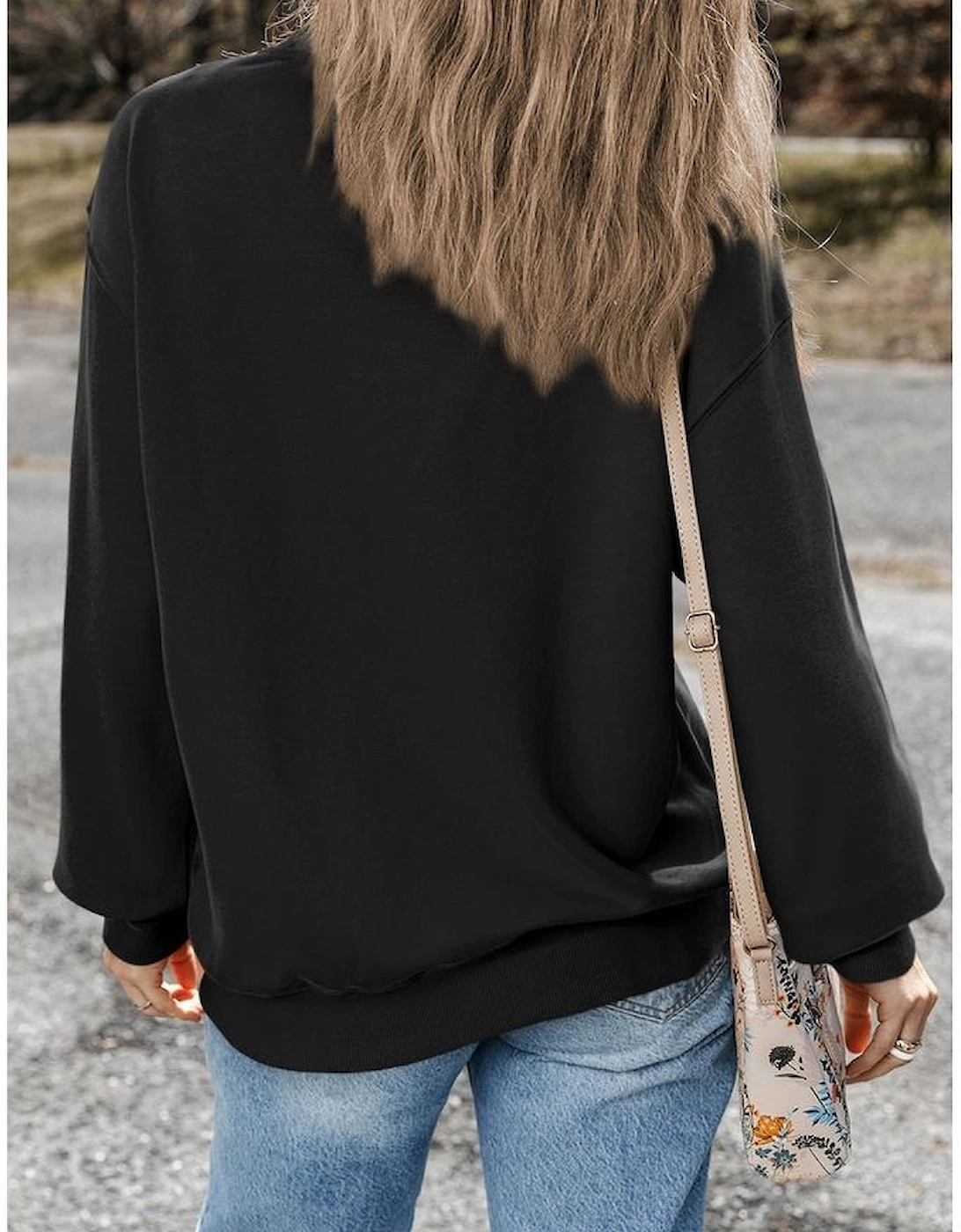Black Plain Drop Shoulder Crewneck Pullover Sweatshirt