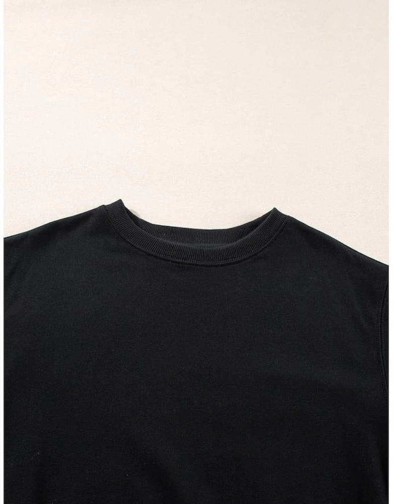 Black Plain Drop Shoulder Crewneck Pullover Sweatshirt