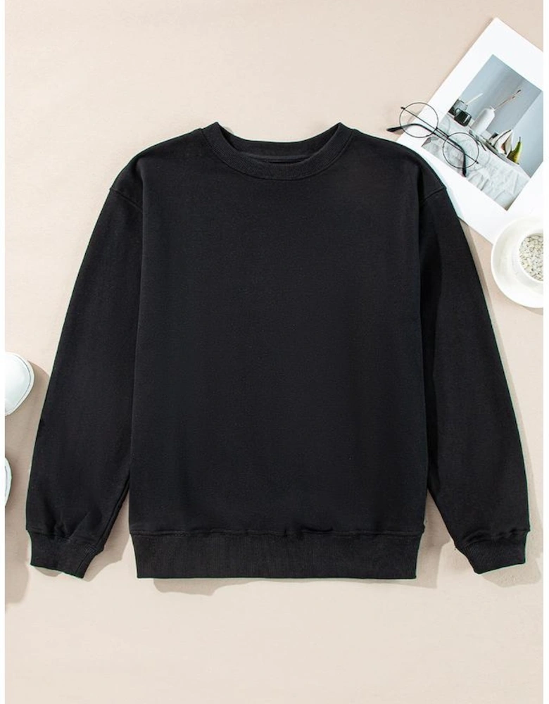 Black Plain Drop Shoulder Crewneck Pullover Sweatshirt