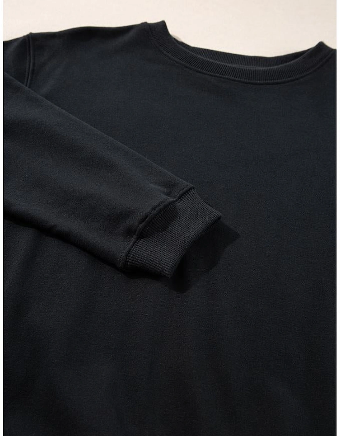 Black Plain Drop Shoulder Crewneck Pullover Sweatshirt