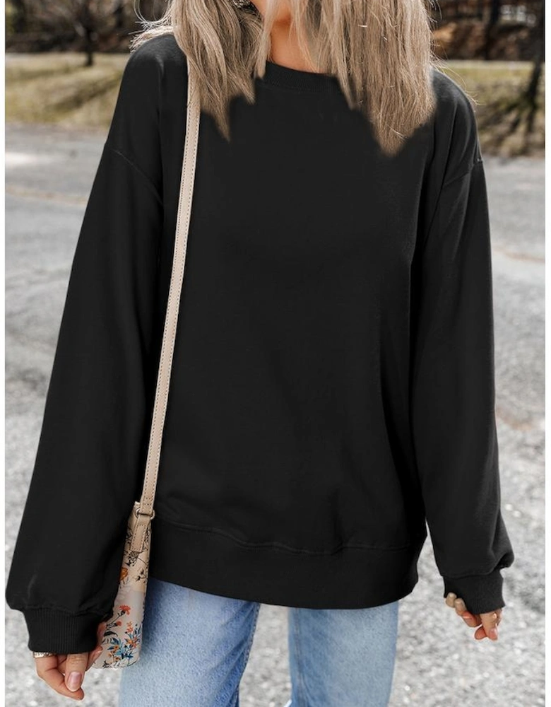 Black Plain Drop Shoulder Crewneck Pullover Sweatshirt