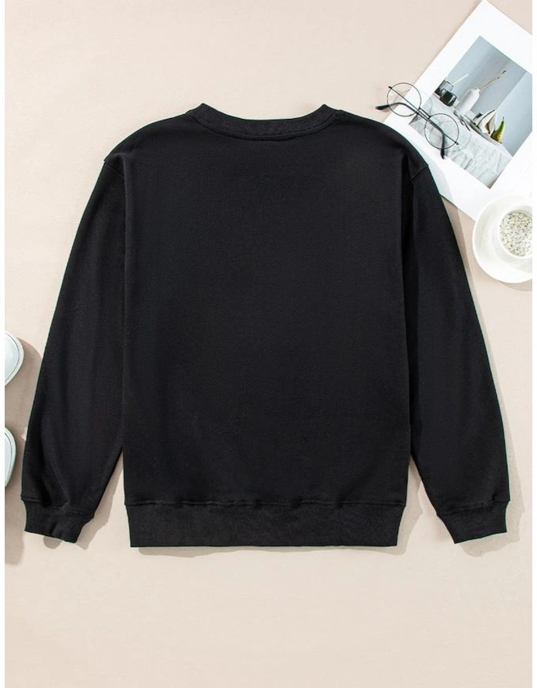 Black Plain Drop Shoulder Crewneck Pullover Sweatshirt