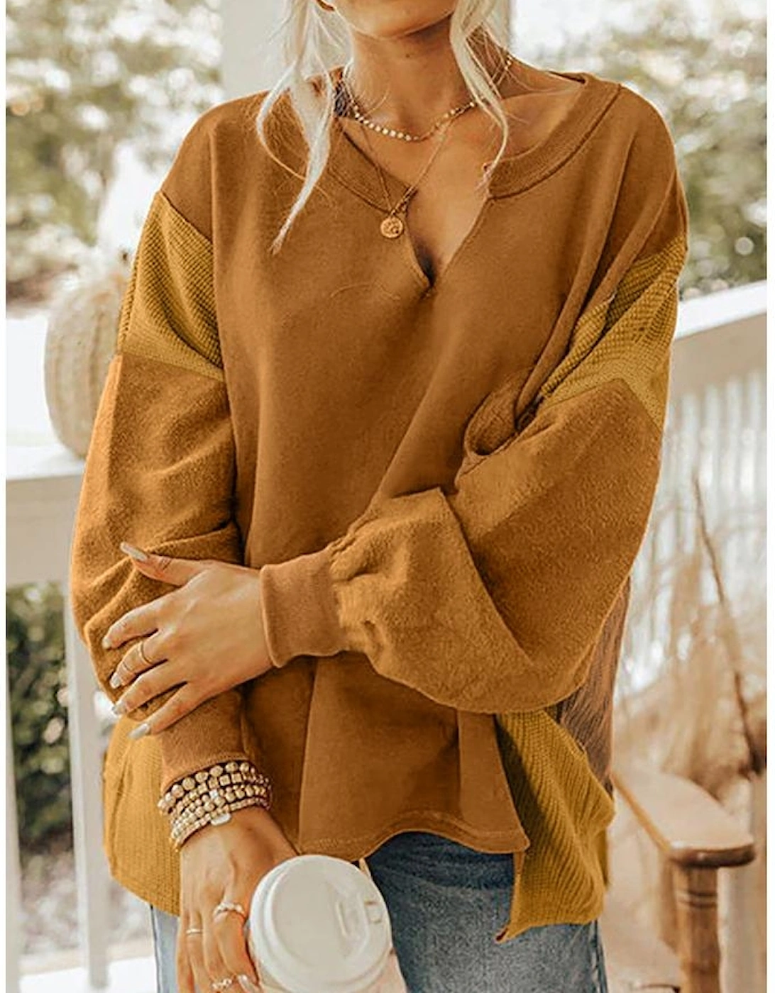 Multicolor Oversized Mixed Textured Split Neck High Low Patchwork Sweatshirt