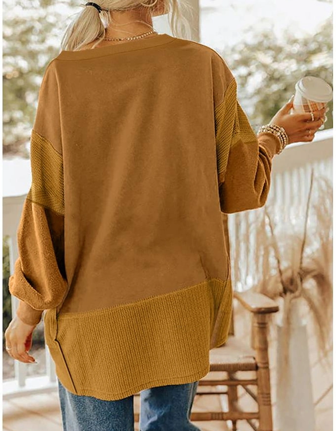 Multicolor Oversized Mixed Textured Split Neck High Low Patchwork Sweatshirt, 11 of 10