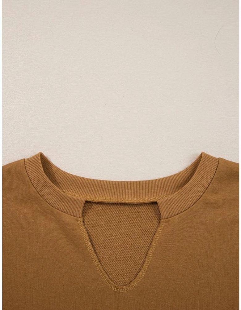 Multicolor Oversized Mixed Textured Split Neck High Low Patchwork Sweatshirt