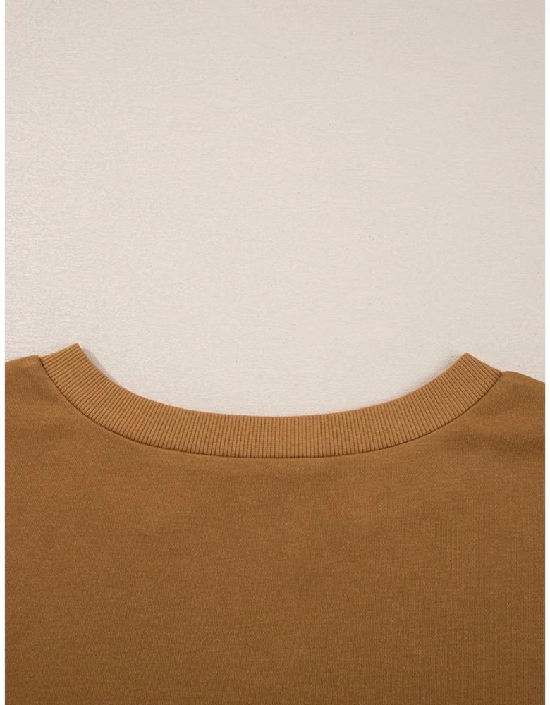 Multicolor Oversized Mixed Textured Split Neck High Low Patchwork Sweatshirt