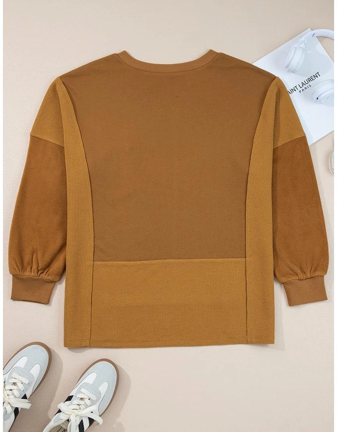 Multicolor Oversized Mixed Textured Split Neck High Low Patchwork Sweatshirt