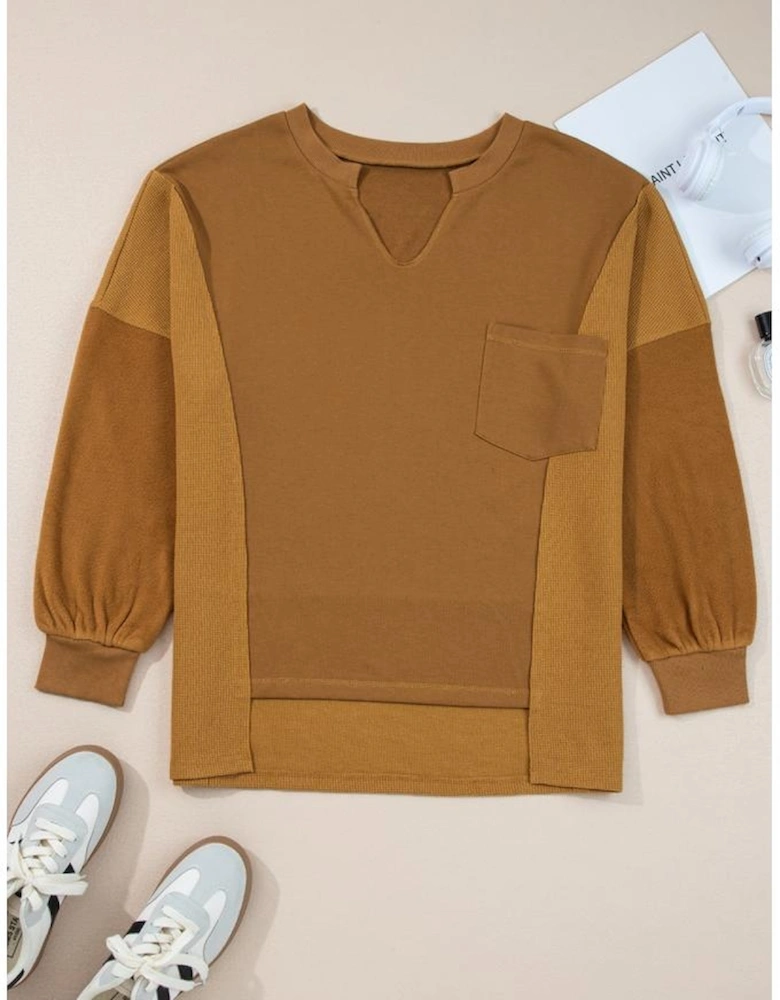 Multicolor Oversized Mixed Textured Split Neck High Low Patchwork Sweatshirt