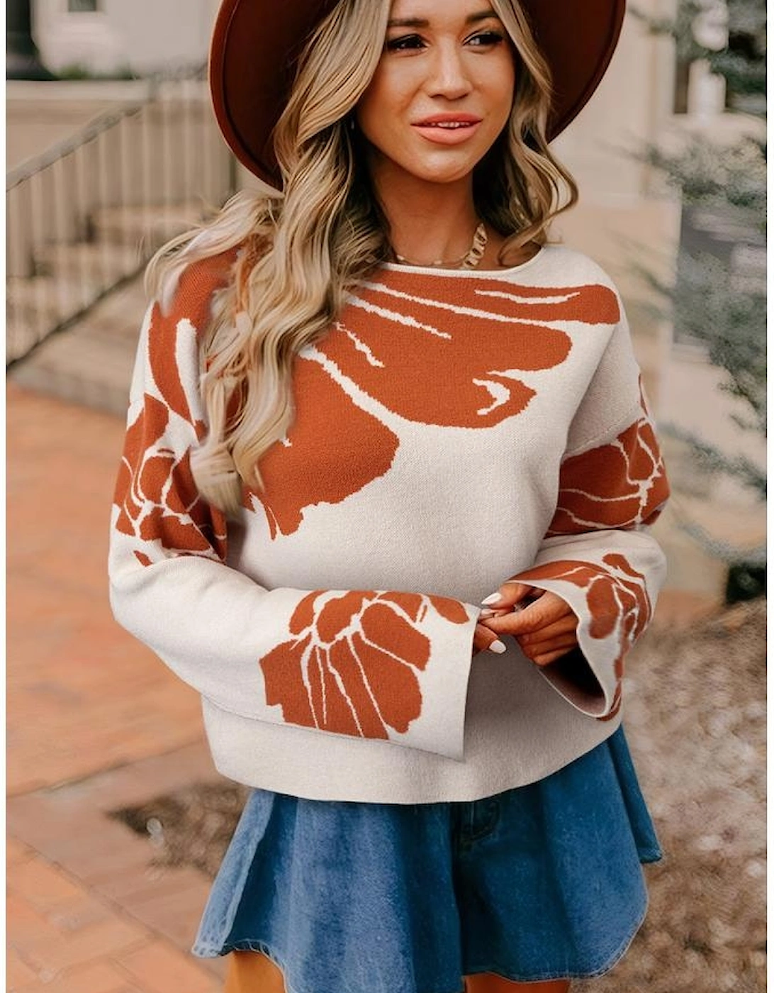Beige Bold Flower Pattern Wide Sleeve Baggy Sweater