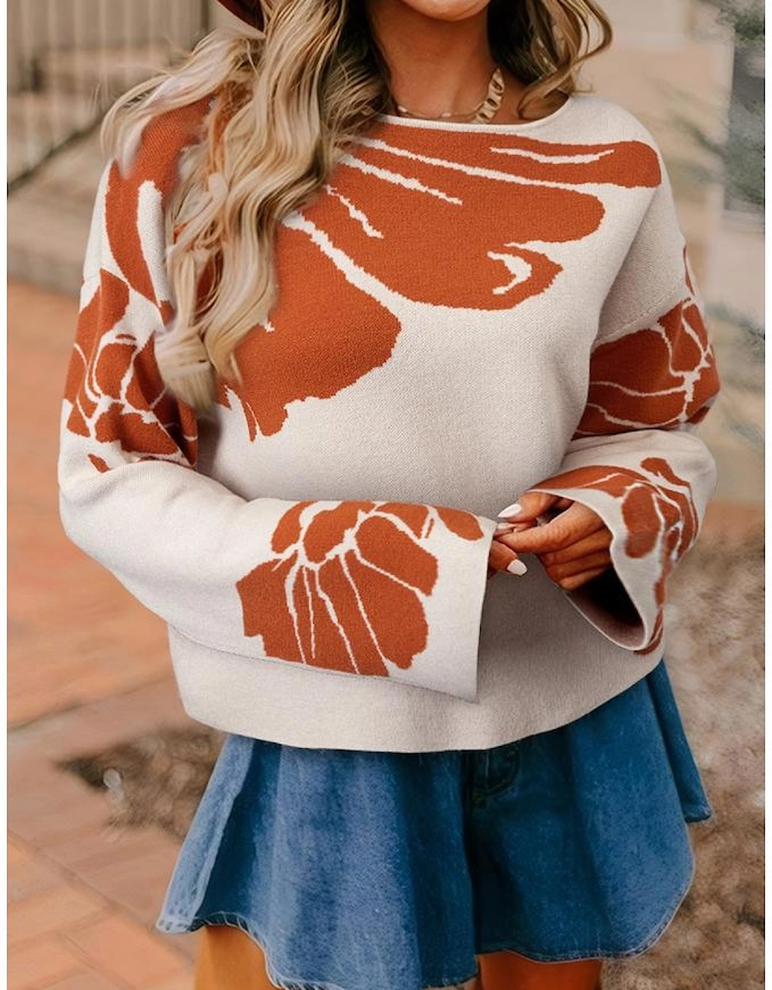 Beige Bold Flower Pattern Wide Sleeve Baggy Sweater