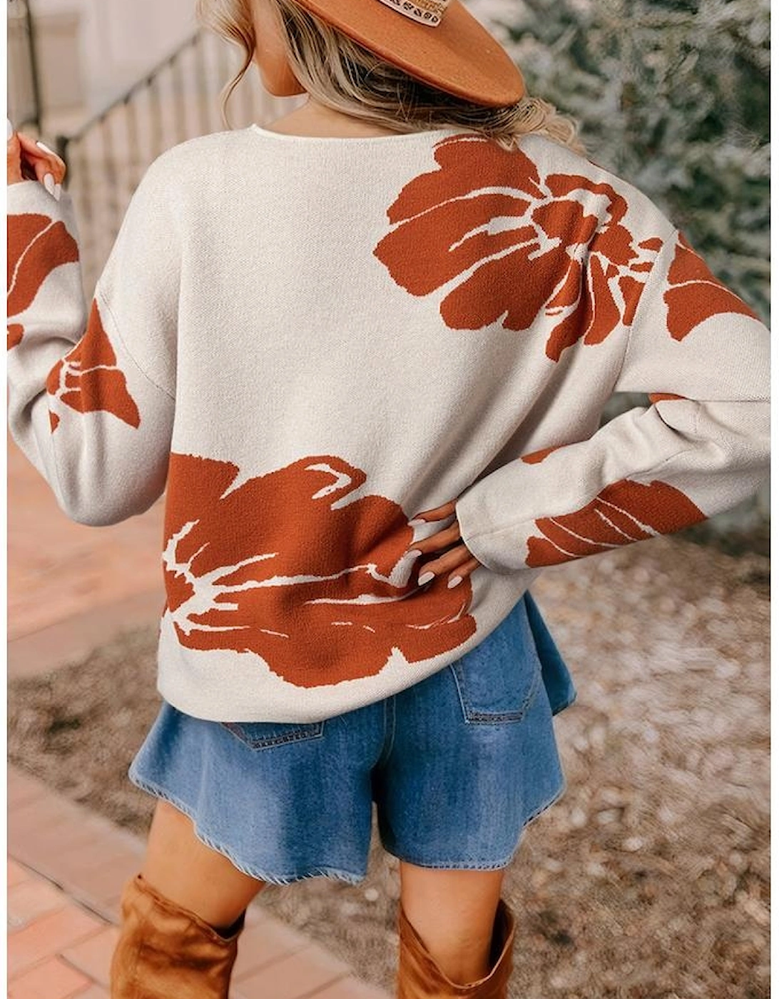 Beige Bold Flower Pattern Wide Sleeve Baggy Sweater, 4 of 3