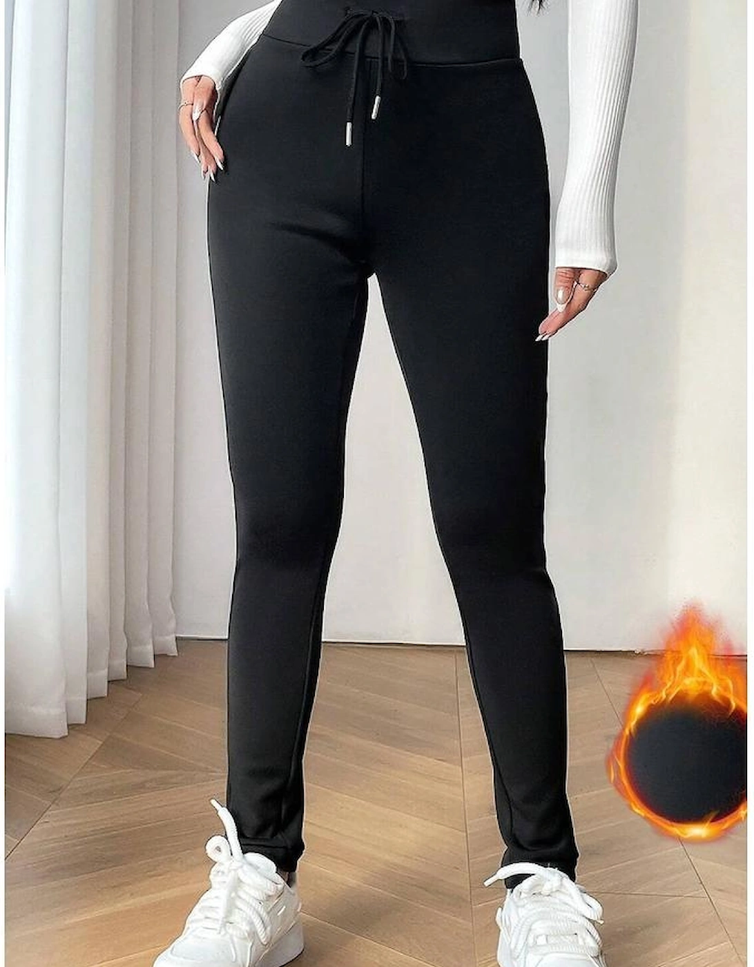 Black Solid Drawstring Waist Thermal Lined Leggings