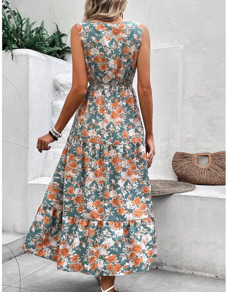 Green Floral Print Trimmed V Neck Tie Waist Sleeveless Holiday Long Dress