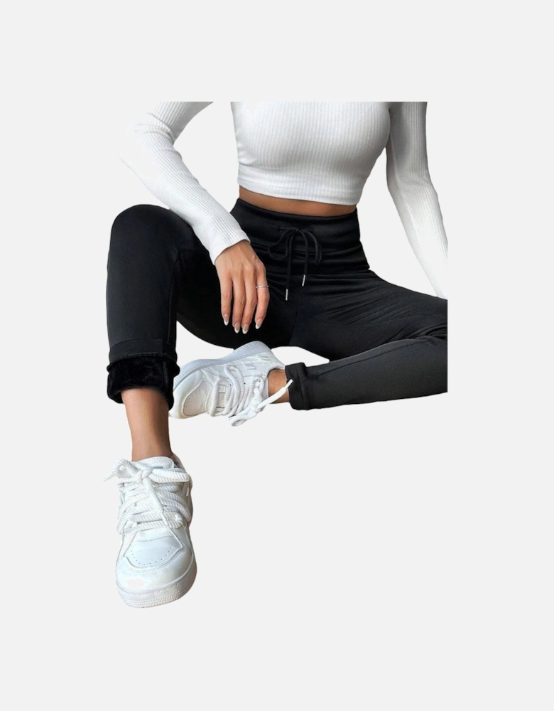 Black Solid Drawstring Waist Thermal Lined Leggings