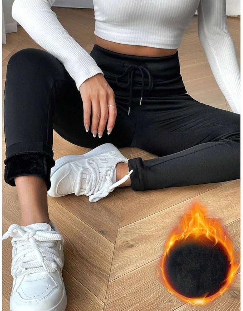 Black Solid Drawstring Waist Thermal Lined Leggings