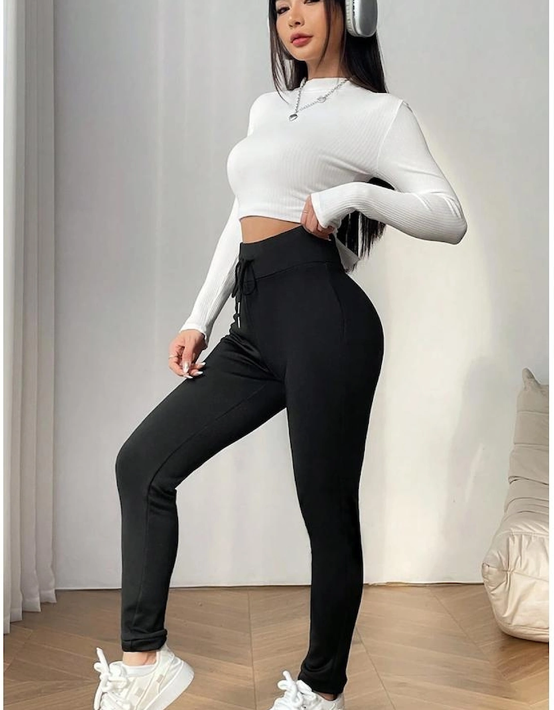 Black Solid Drawstring Waist Thermal Lined Leggings