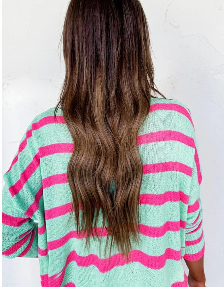 Green Stripe Round Neck Casual Sweater