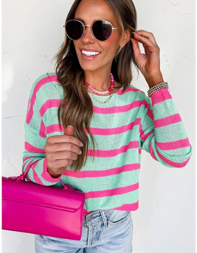 Green Stripe Round Neck Casual Sweater