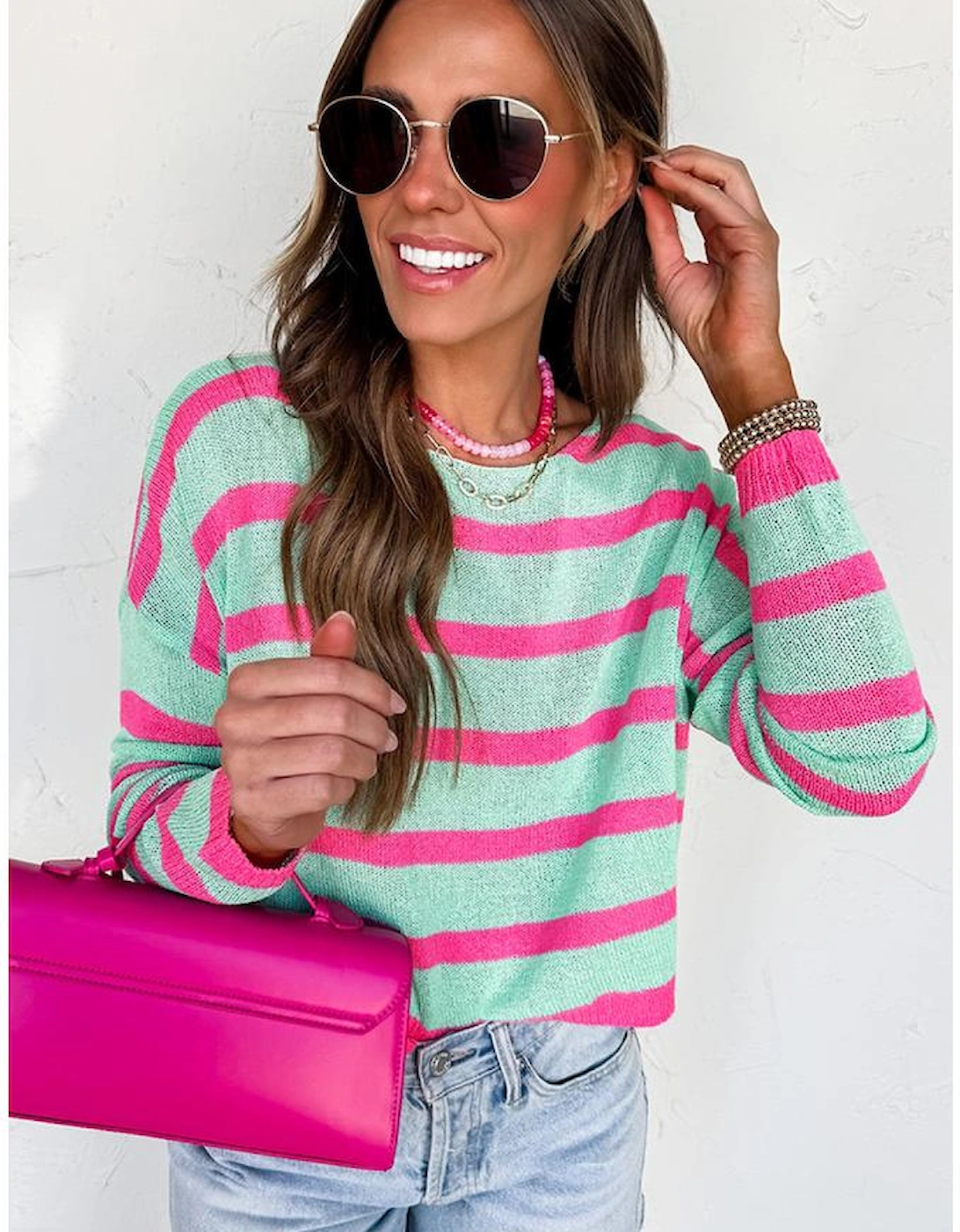 Green Stripe Round Neck Casual Sweater