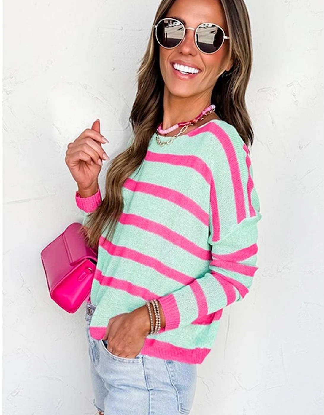 Green Stripe Round Neck Casual Sweater