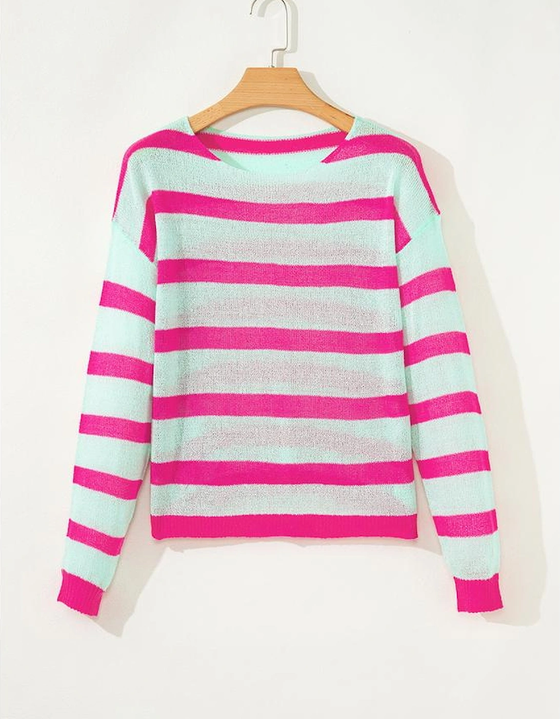 Green Stripe Round Neck Casual Sweater
