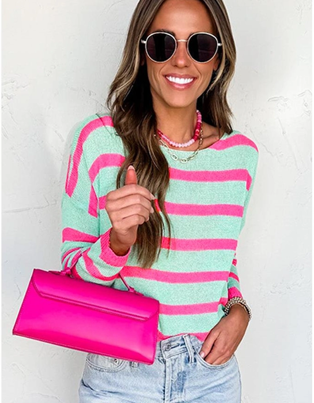 Green Stripe Round Neck Casual Sweater