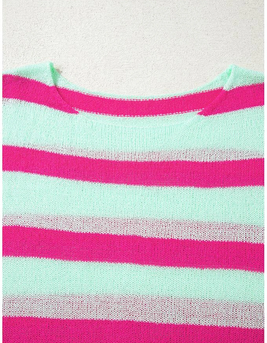 Green Stripe Round Neck Casual Sweater