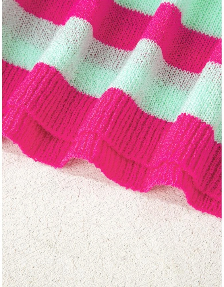 Green Stripe Round Neck Casual Sweater