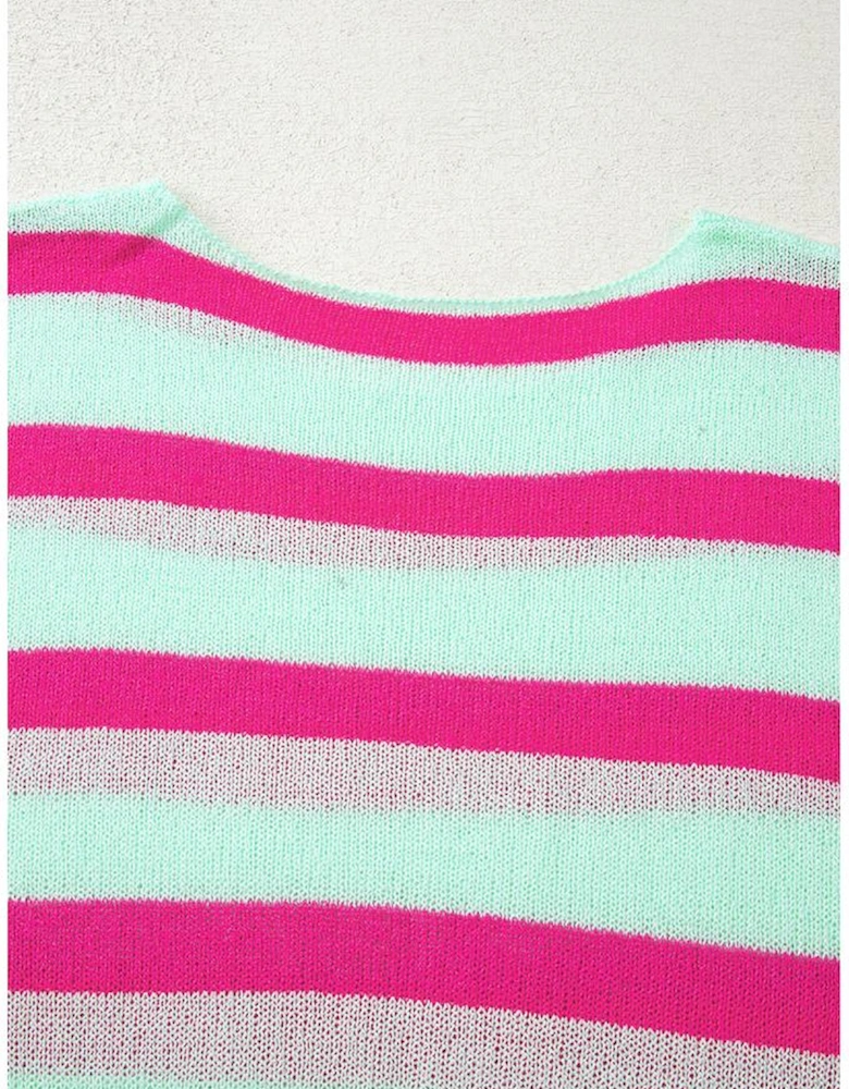 Green Stripe Round Neck Casual Sweater