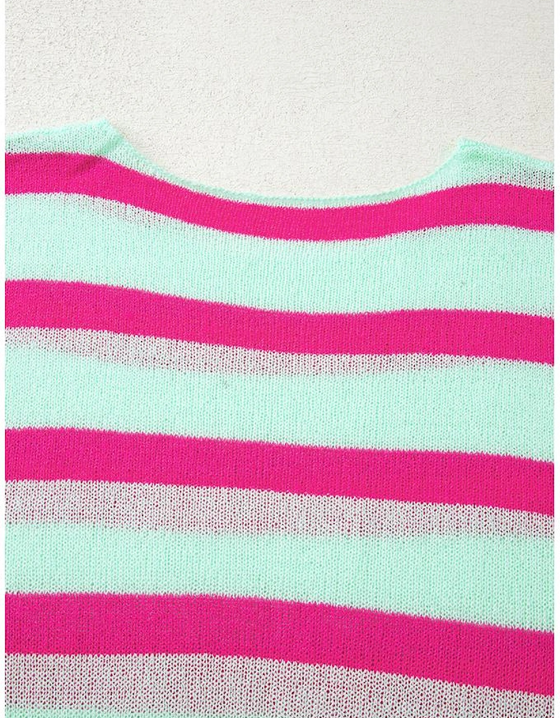 Green Stripe Round Neck Casual Sweater