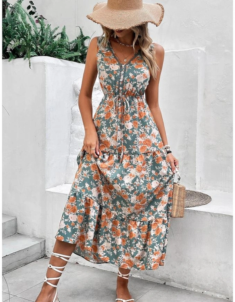 Green Floral Print Trimmed V Neck Tie Waist Sleeveless Holiday Long Dress