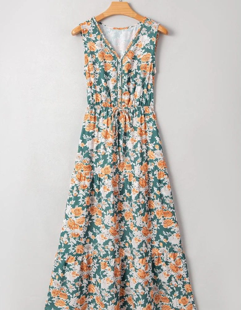 Green Floral Print Trimmed V Neck Tie Waist Sleeveless Holiday Long Dress