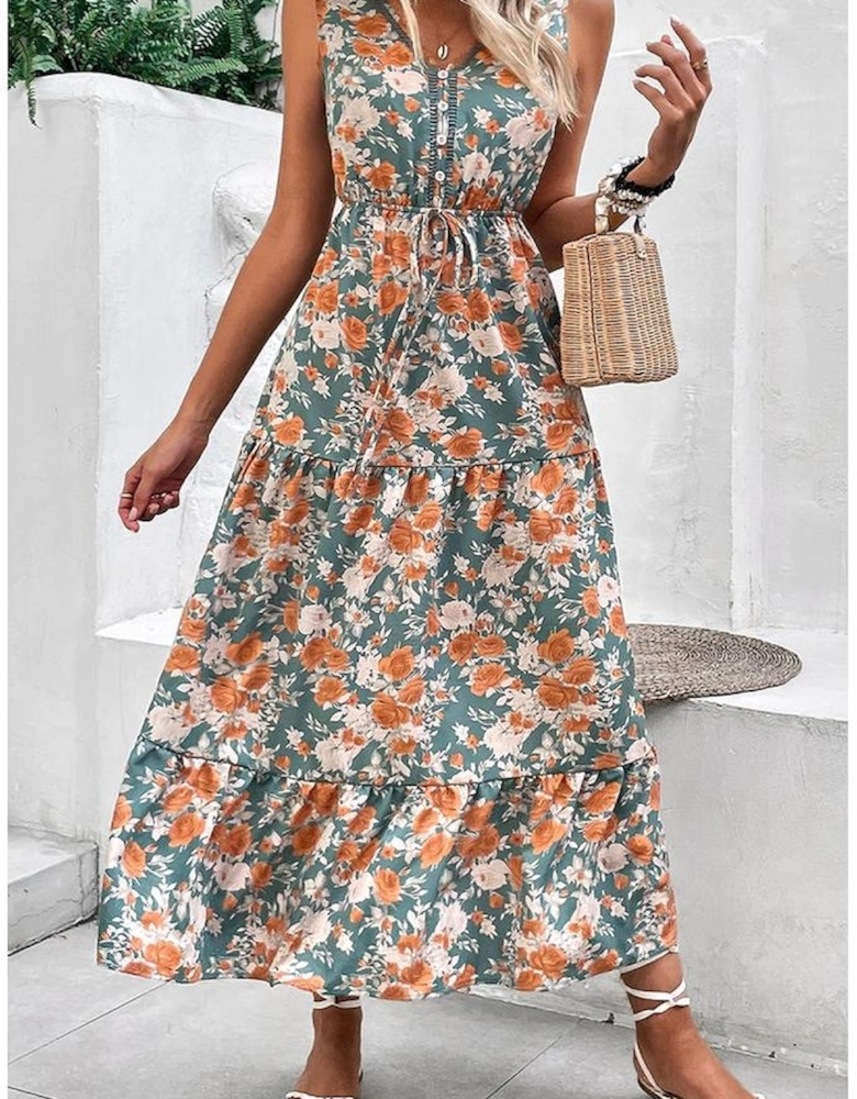 Green Floral Print Trimmed V Neck Tie Waist Sleeveless Holiday Long Dress