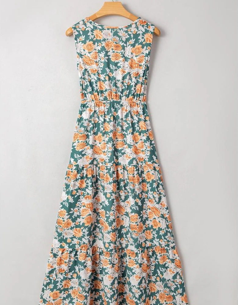 Green Floral Print Trimmed V Neck Tie Waist Sleeveless Holiday Long Dress