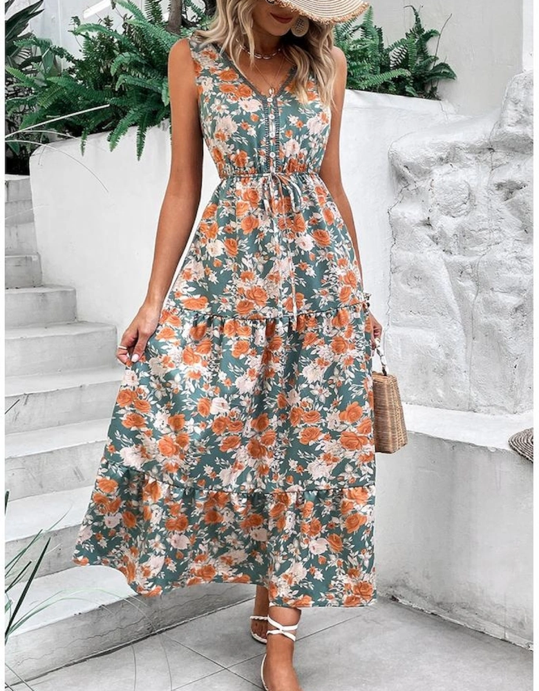 Green Floral Print Trimmed V Neck Tie Waist Sleeveless Holiday Long Dress
