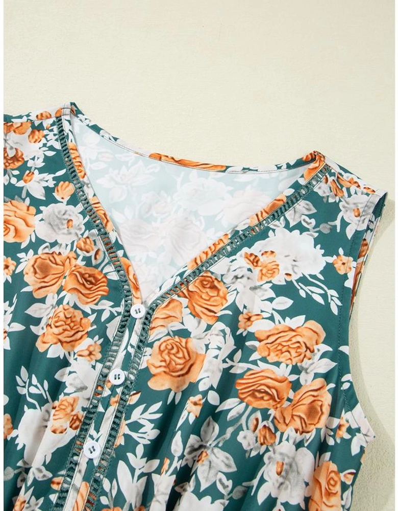 Green Floral Print Trimmed V Neck Tie Waist Sleeveless Holiday Long Dress