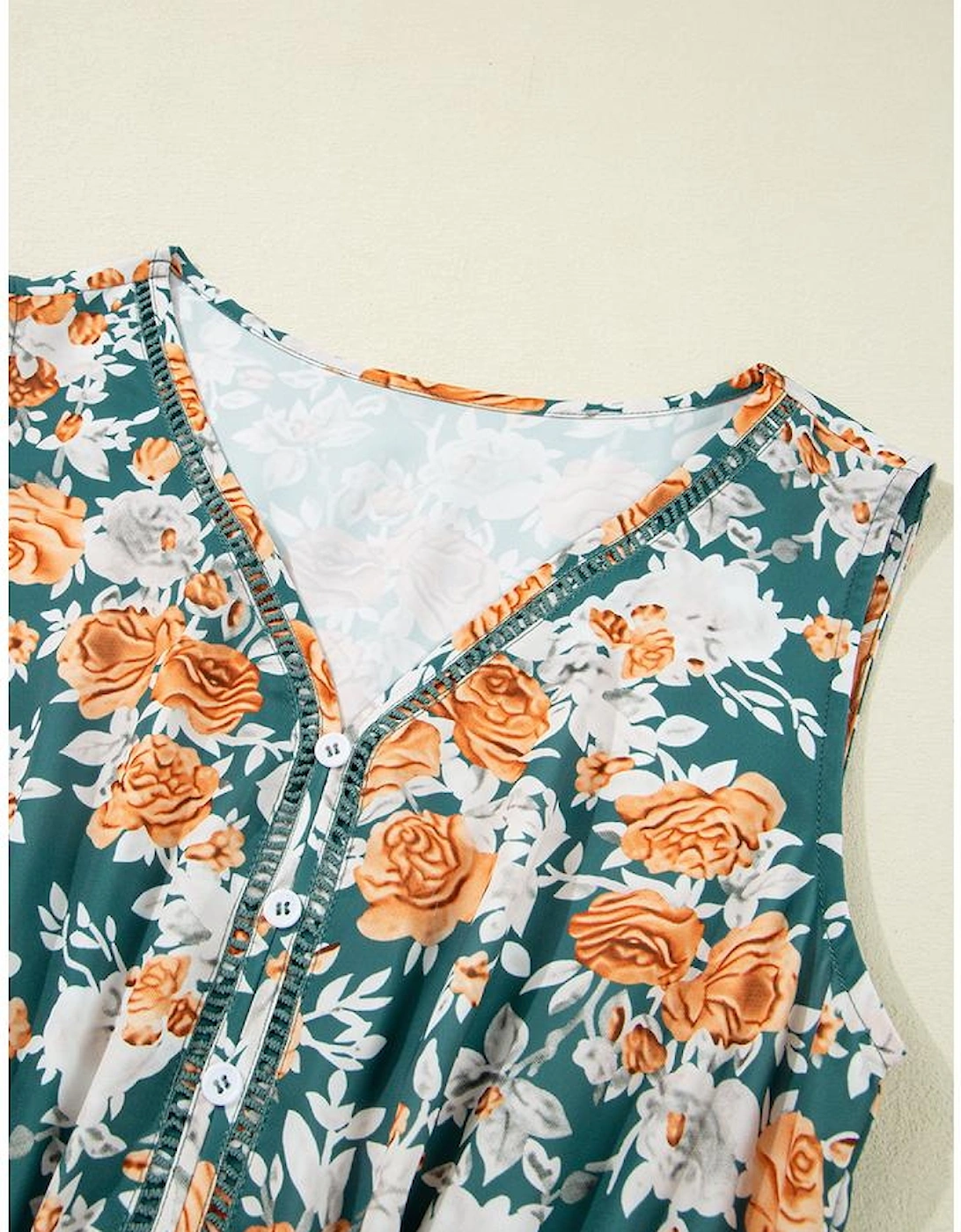 Green Floral Print Trimmed V Neck Tie Waist Sleeveless Holiday Long Dress