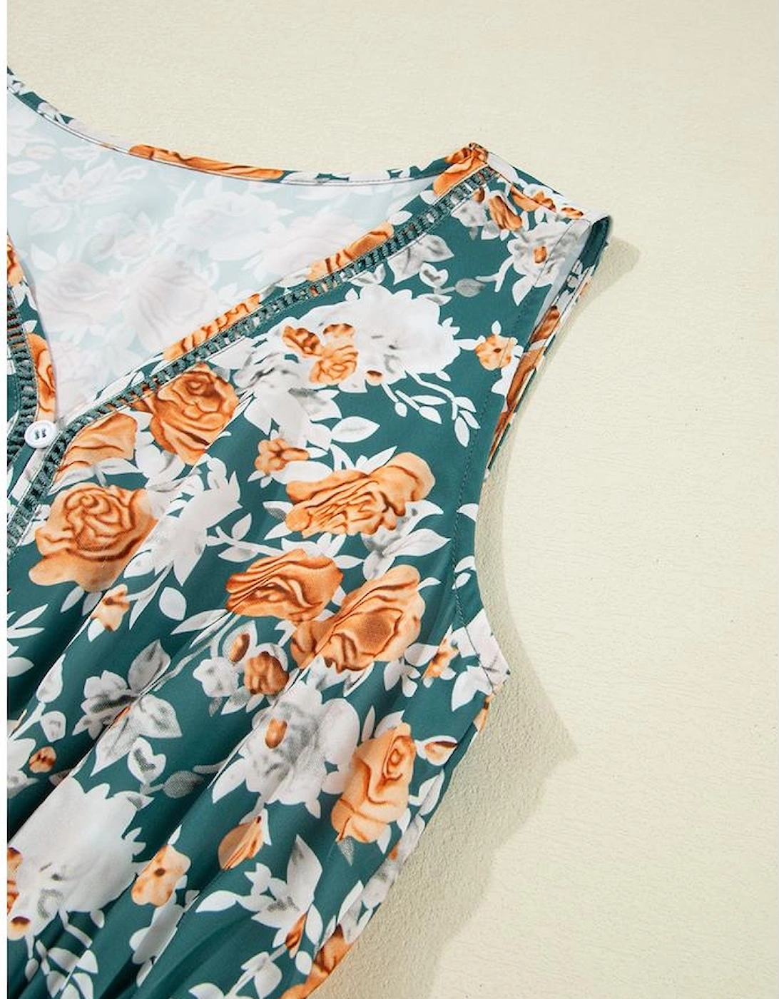 Green Floral Print Trimmed V Neck Tie Waist Sleeveless Holiday Long Dress