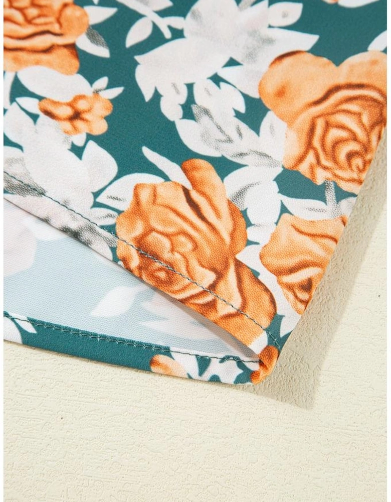 Green Floral Print Trimmed V Neck Tie Waist Sleeveless Holiday Long Dress