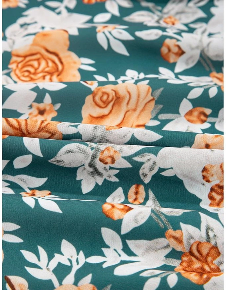 Green Floral Print Trimmed V Neck Tie Waist Sleeveless Holiday Long Dress