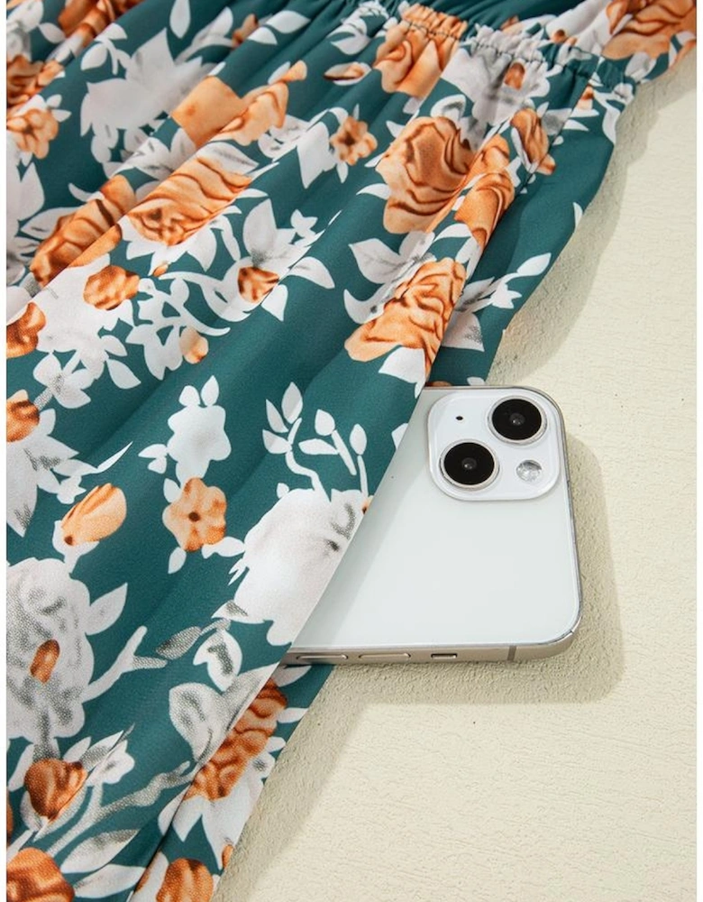 Green Floral Print Trimmed V Neck Tie Waist Sleeveless Holiday Long Dress